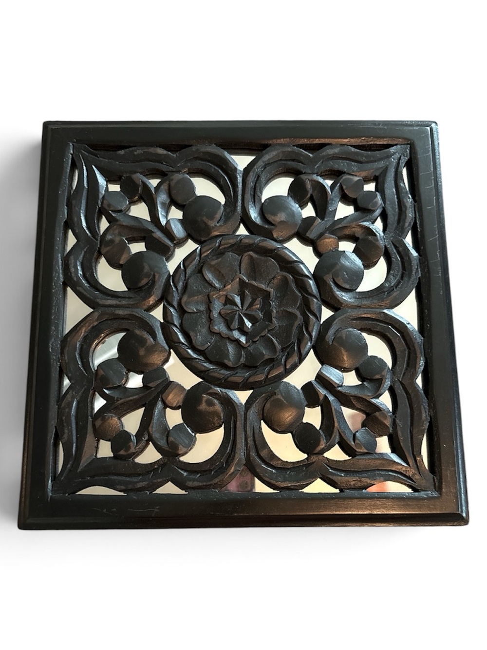 New! ornate square carved wooden wall plaque with a mirrored backing